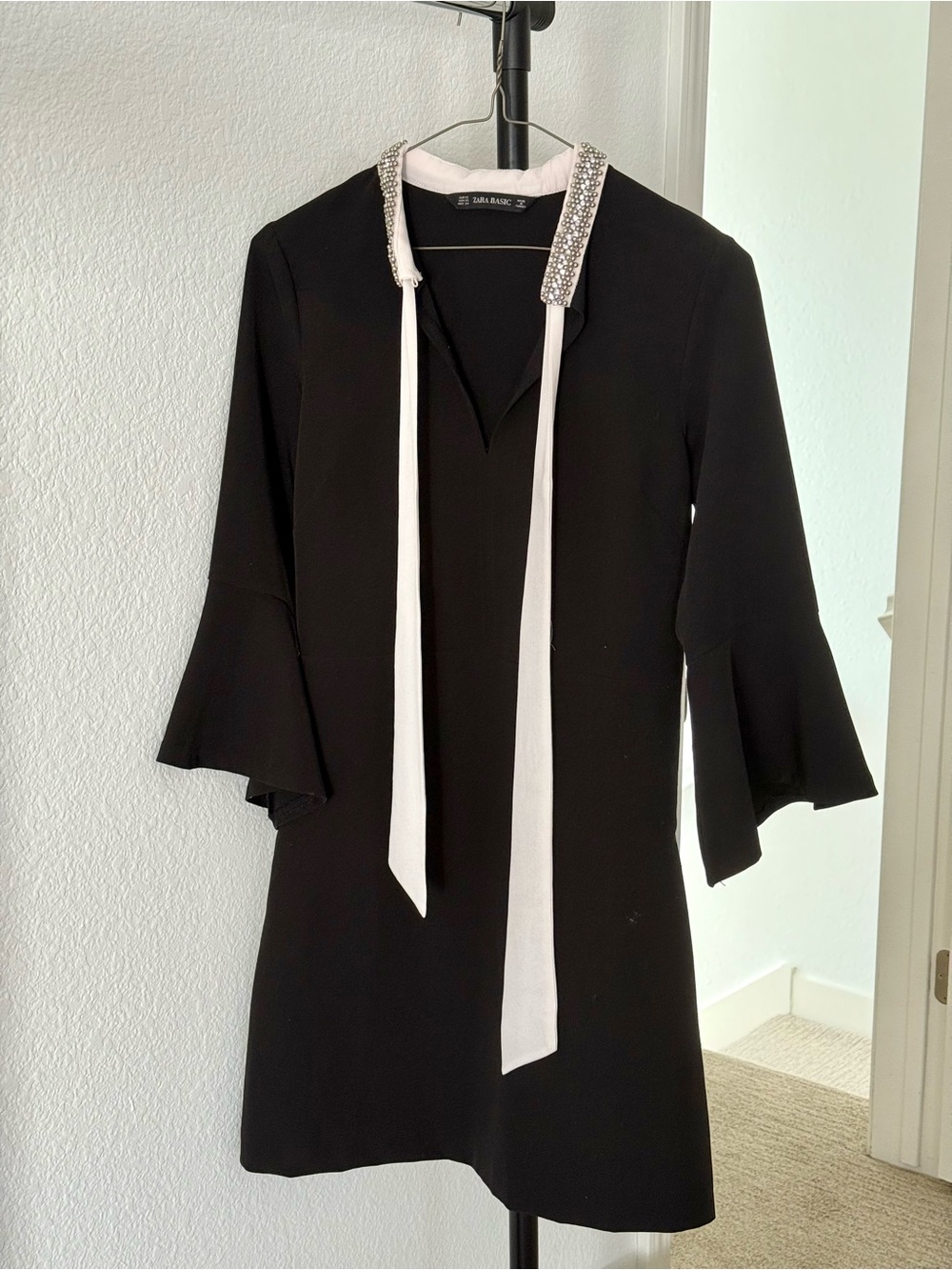 ZARA jeweled collar black dress with bow tie XS